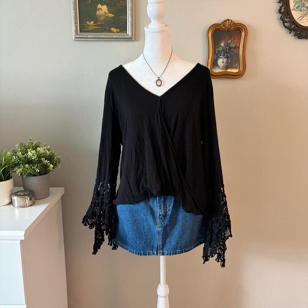Ariella Black Crochet Lace Bell Sleeve Wrap Top